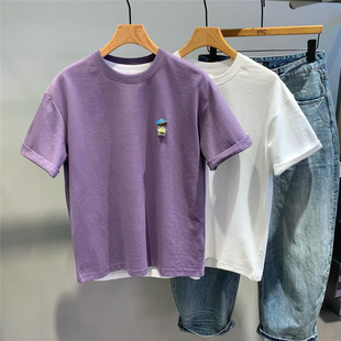 休闲简约情侣半袖 夏季 T恤美式 圆领短袖 潮t 潮牌贴标卡通小刺绣时尚