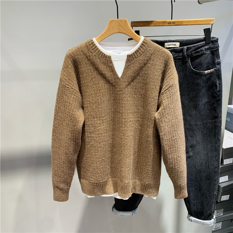 假两件拼接套头毛衣男