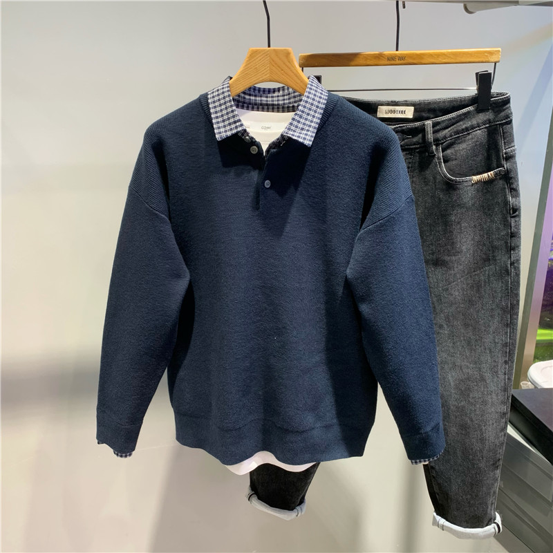 衬衫领假两件套头毛衣秋冬新款韩版男士保暖简约针织衫打底上衣潮