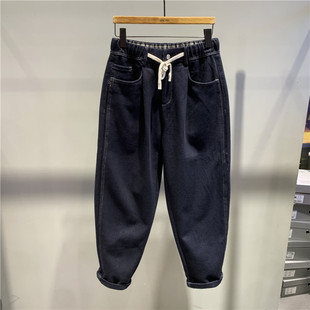 冬季高端加绒加厚宽松直筒抽绳松紧腰牛仔裤男美式复古微阔休闲裤