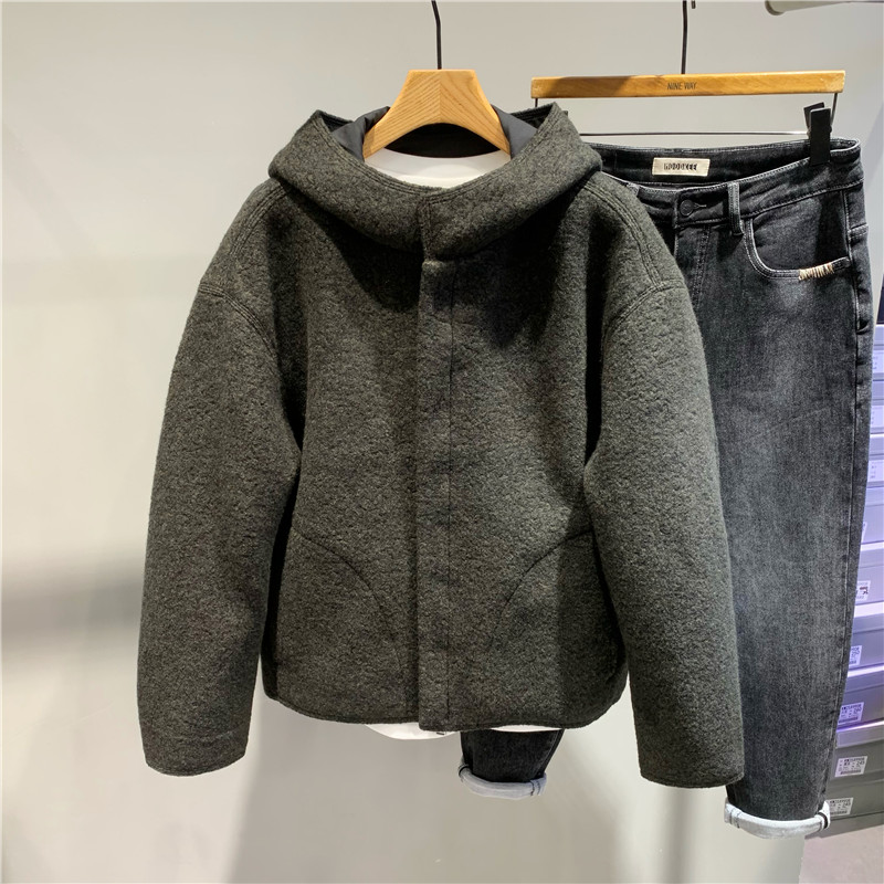 棉羊毛连帽短款羊毛大衣