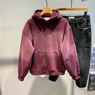 生如草叶秋冬新款重磅水洗复古加绒连帽卫衣美式休闲宽松保暖内搭