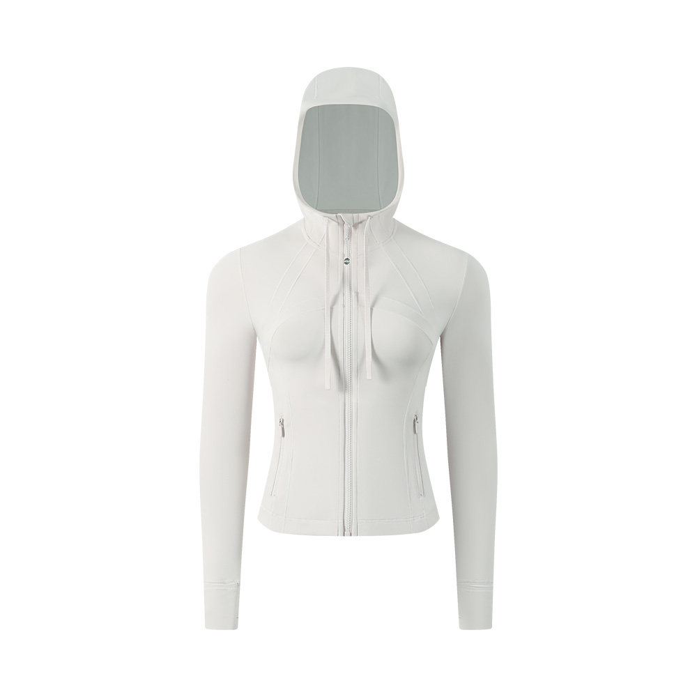 简约运动风连帽拉链运动外套女修身白色运动茄克短款健身上衣长袖