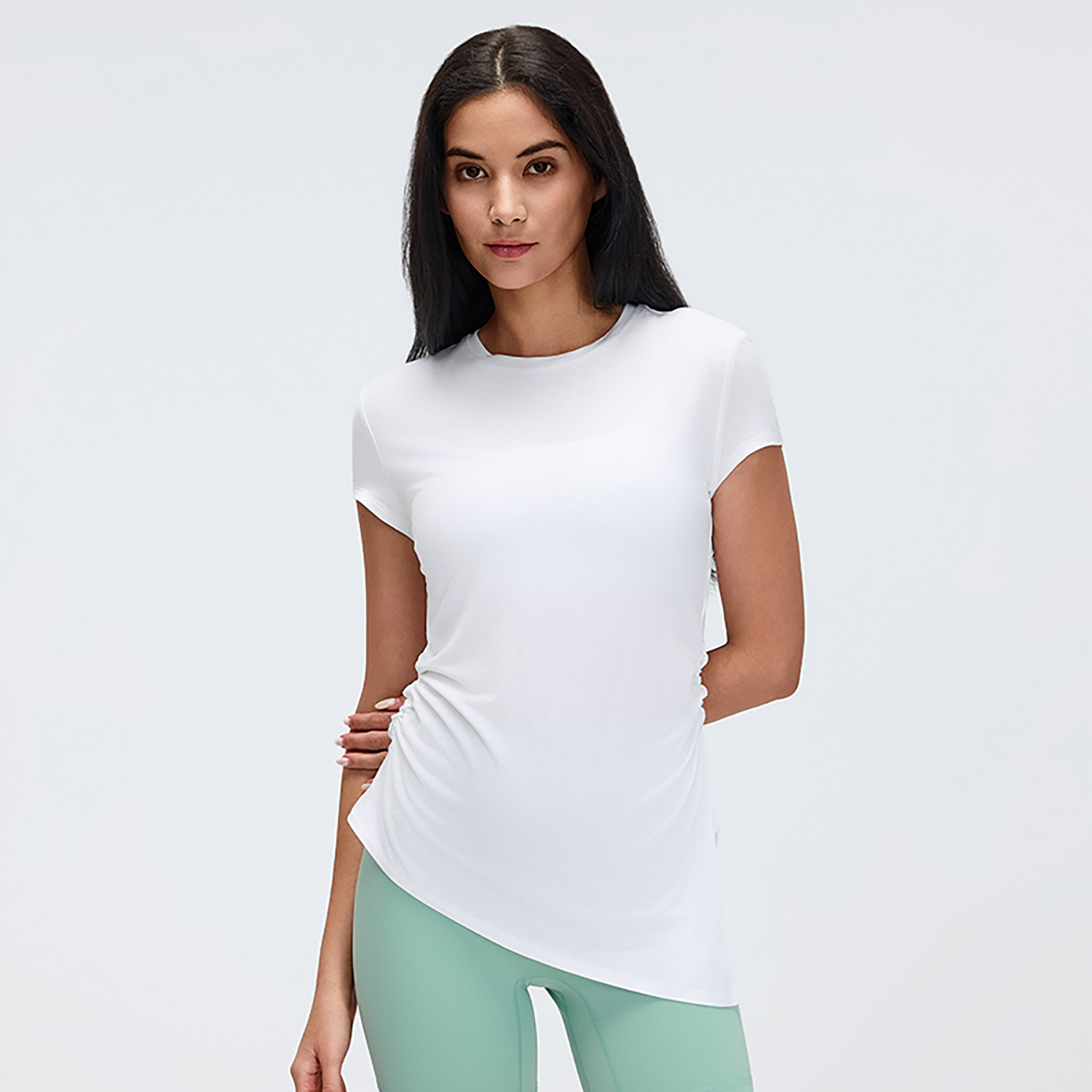 褶皱收腰瑜伽短袖女圆领修身显瘦透气速干健身T恤运动上衣瑜伽服