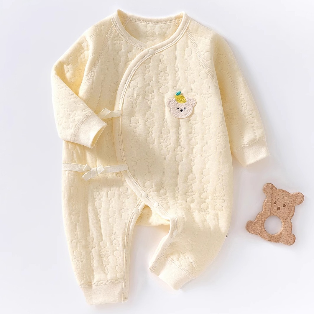 新生婴儿衣服秋冬夹棉连体衣纯棉宝宝系带婴幼儿保暖冬装打底衣秋