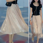 醋酸半身裙女2026新款 长裙子流光纱仙女气质垂坠感a字百褶裙 夏季
