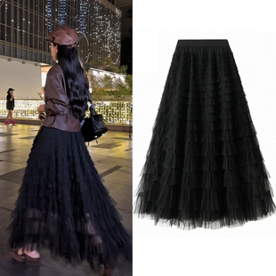 仙气重工网纱蛋糕裙半身裙女春夏长款 及踝设计感小众显瘦大摆长裙