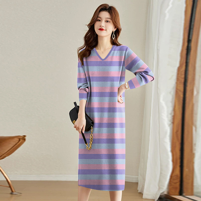 上新~中年妈妈新款长袖低圆领连衣裙宽松显瘦遮肚中长款条纹裙子