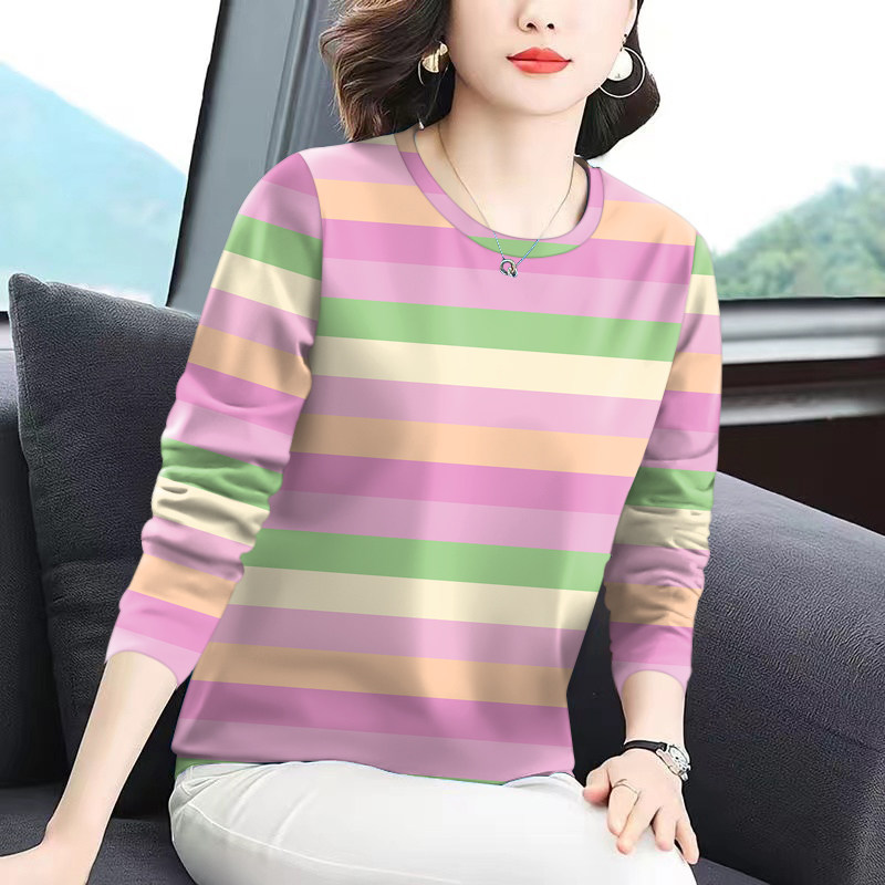 上新~春秋女装薄款条纹长袖圆领t恤女宽松打底衫百搭显瘦遮肚上衣