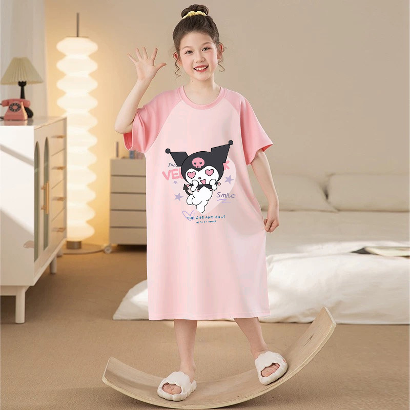 库洛米新款女童睡裙夏季短袖薄款儿童睡衣女孩公主风中大童家居服