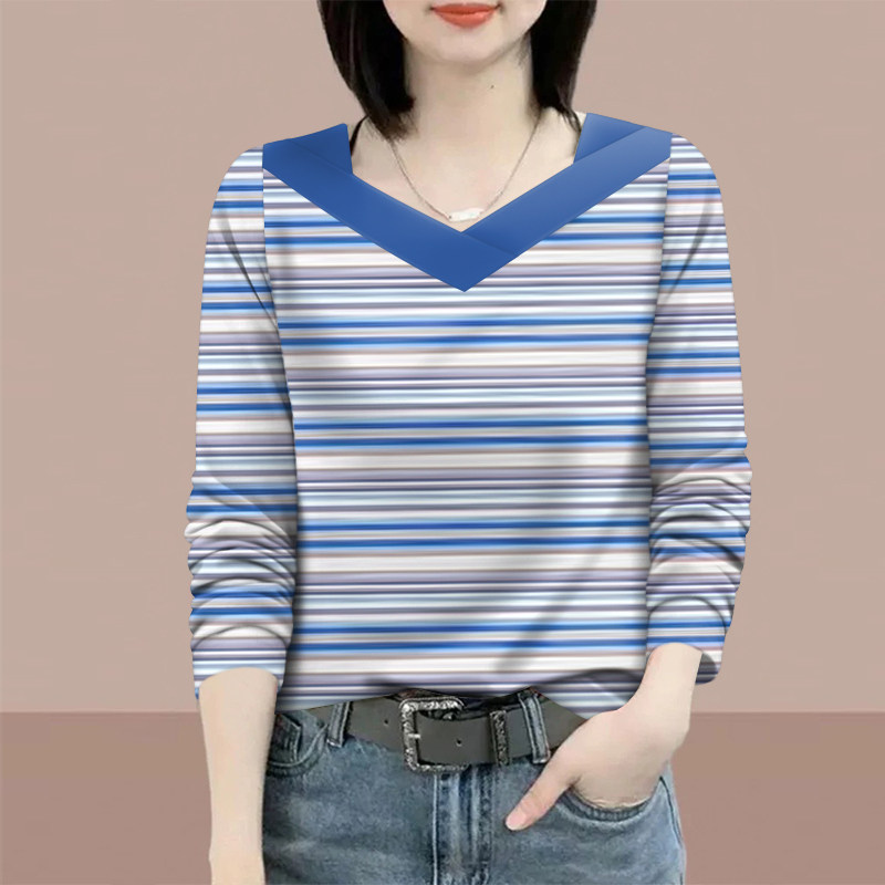 上新~撞色条纹长袖t恤女新款宽松显瘦体恤打底休闲正肩v领上衣女