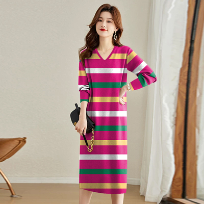 上新~中年妈妈新款长袖低圆领连衣裙宽松显瘦遮肚中长款条纹裙子