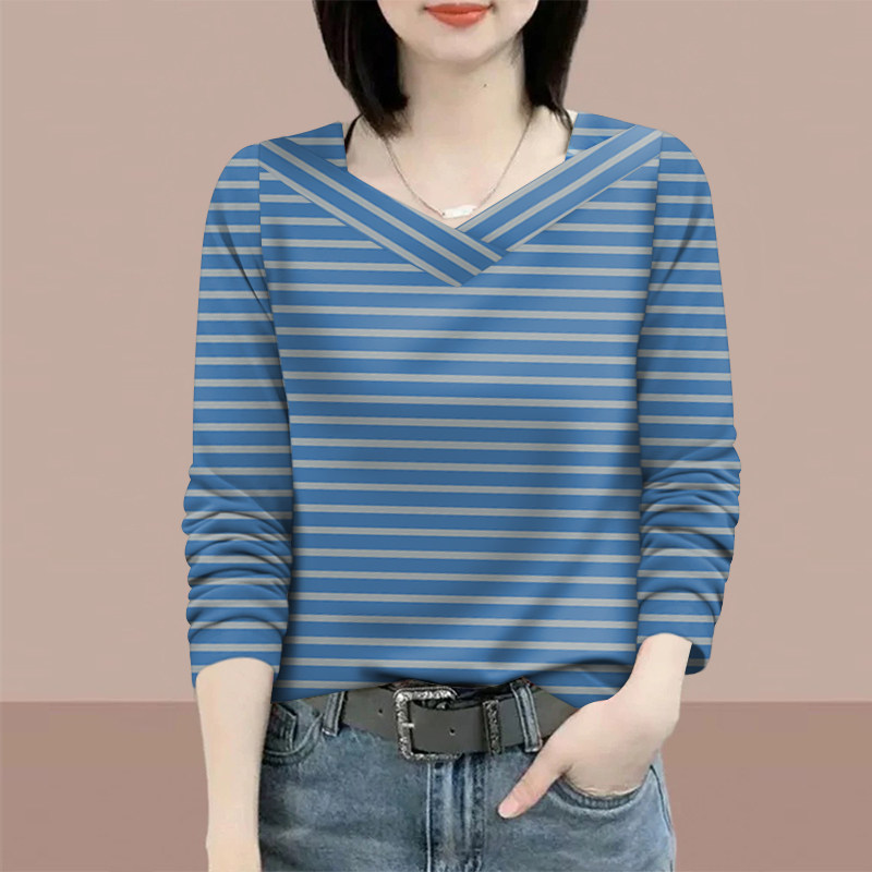 上新~复古条纹长袖t恤女新款宽松显瘦体恤打底休闲正肩v领上衣女