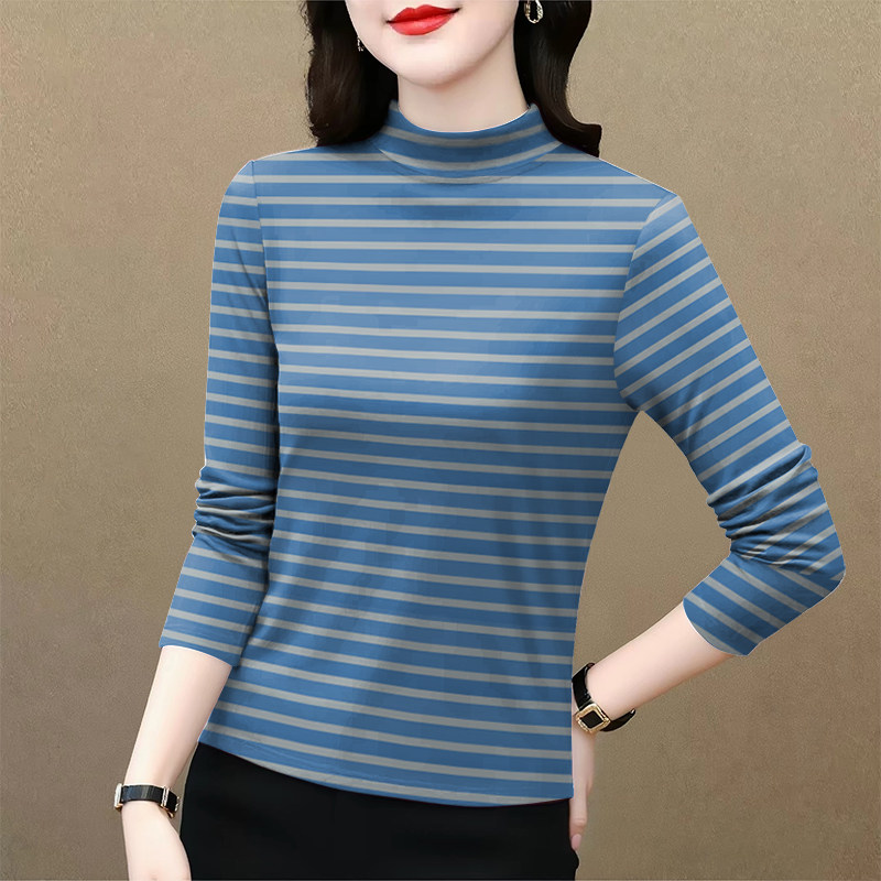 2026春秋条纹长袖T恤女半高领宽松显瘦遮肉打底百搭女上衣新款
