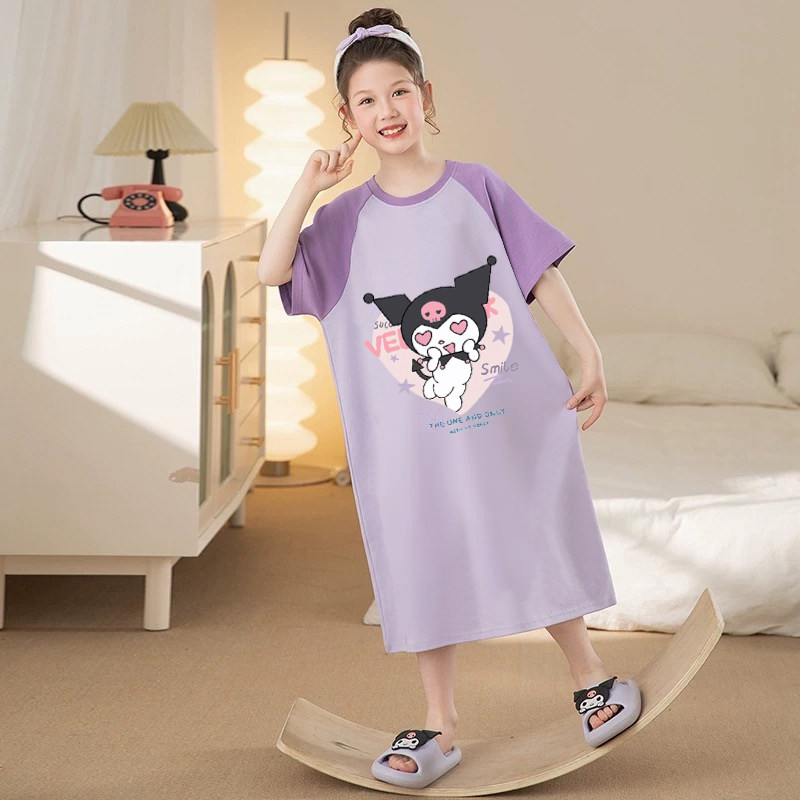库洛米新款女童睡裙夏季短袖薄款儿童睡衣女孩公主风中大童家居服