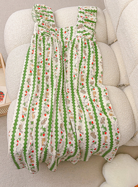 森系田园风绿色条纹兔子夏季棉吊带睡裙女带胸垫可爱小飞袖睡衣