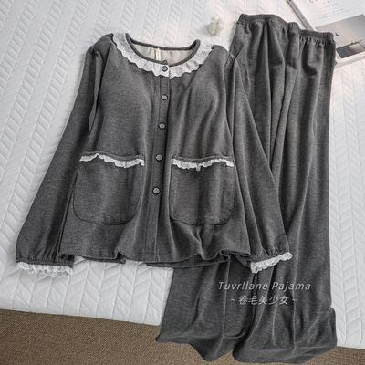 韩系灰色带胸垫加厚德绒磨毛睡衣女2025秋冬季新款羊绒家居服套装