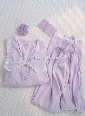 甜美浅紫色大翻领韩版春秋季提花云朵棉长袖睡衣女纯色套装家居服