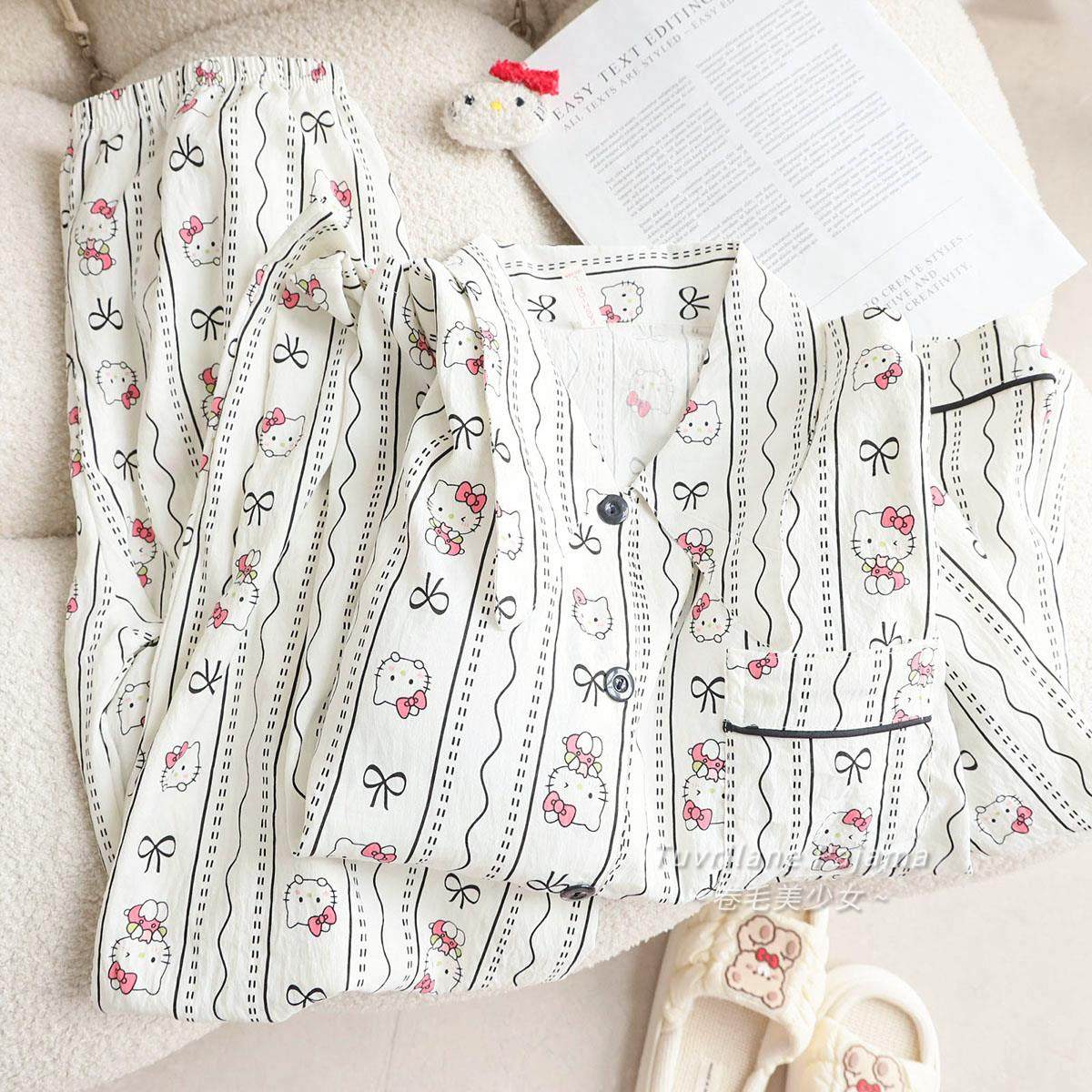 条纹卡通Kitty猫带胸垫睡衣女2026春秋季长袖新款柔软舒适家居服,女士内衣/男士内衣/家居服,睡衣/家居服套装,淘宝优惠券,粉丝福利购,淘宝优惠卷