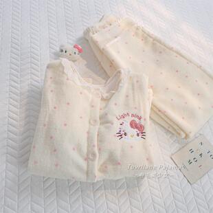 波点Kitty猫甜美公主风法兰珊瑚绒睡衣女2025冬季新款加厚家居服