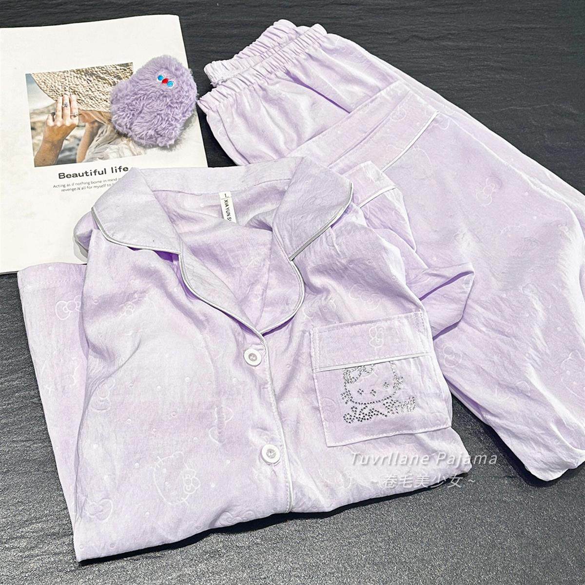 显白香芋紫带胸垫长袖睡衣女春秋季新款暗纹KT猫高级感家居服套装,女士内衣/男士内衣/家居服,睡衣/家居服套装,淘宝优惠券,粉丝福利购,淘宝优惠卷