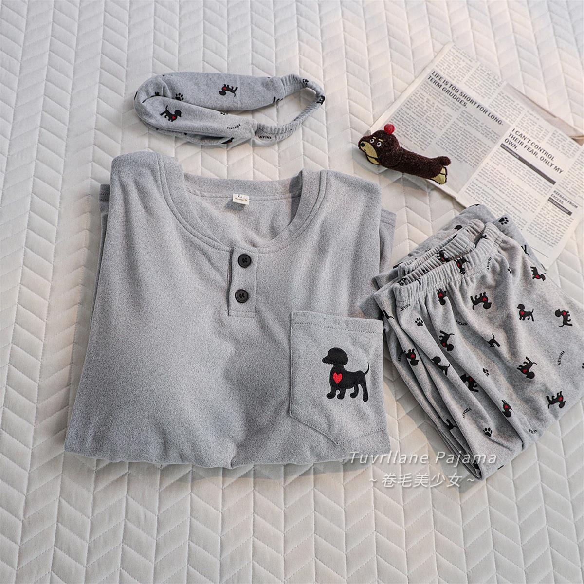 灰色ins双面德绒睡衣女秋冬季新款带胸垫加厚磨毛保暖卡通家居服