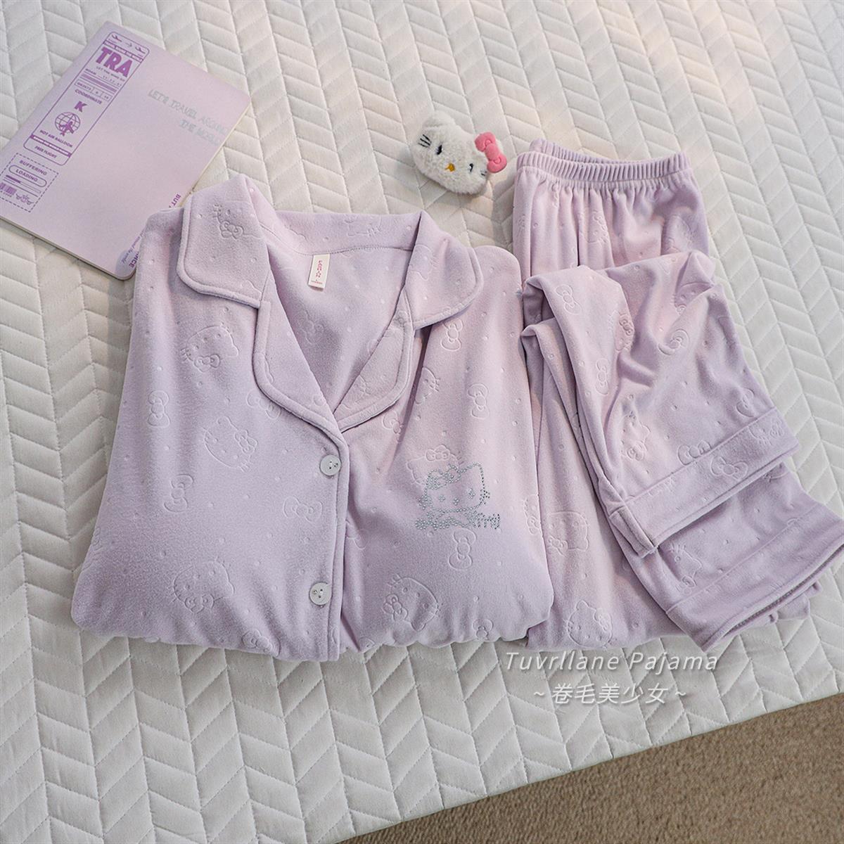 奶芋紫高级感压花Kitty猫双面德绒睡衣女秋冬新款长袖保暖家居服