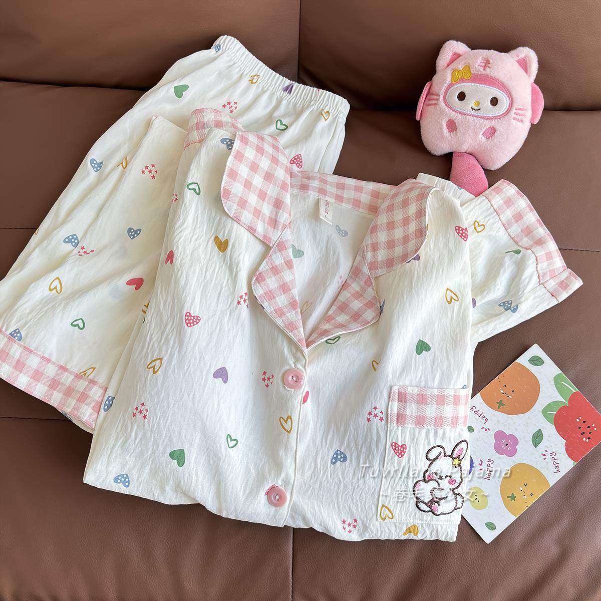 彩虹爱心刺绣小兔长袖睡衣女春秋季新款带胸垫带胸甜美可爱家居服,女士内衣/男士内衣/家居服,睡衣/家居服套装,淘宝优惠券,粉丝福利购,淘宝优惠卷