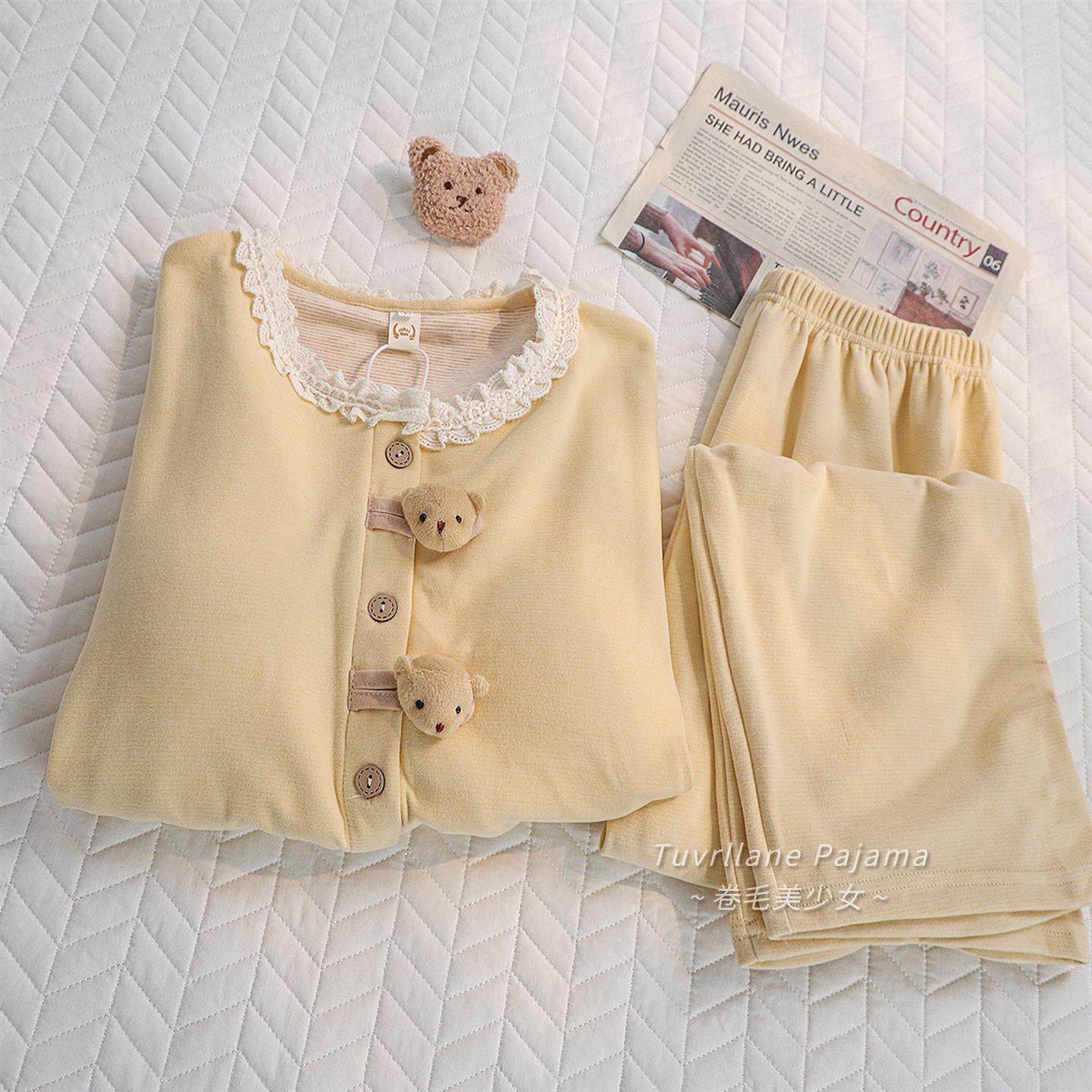 软萌小熊奶油黄加厚羊绒棉睡衣女带胸垫2025秋冬季新款长袖家居服,女士内衣/男士内衣/家居服,睡衣/家居服套装,淘宝优惠券,粉丝福利购,淘宝优惠卷