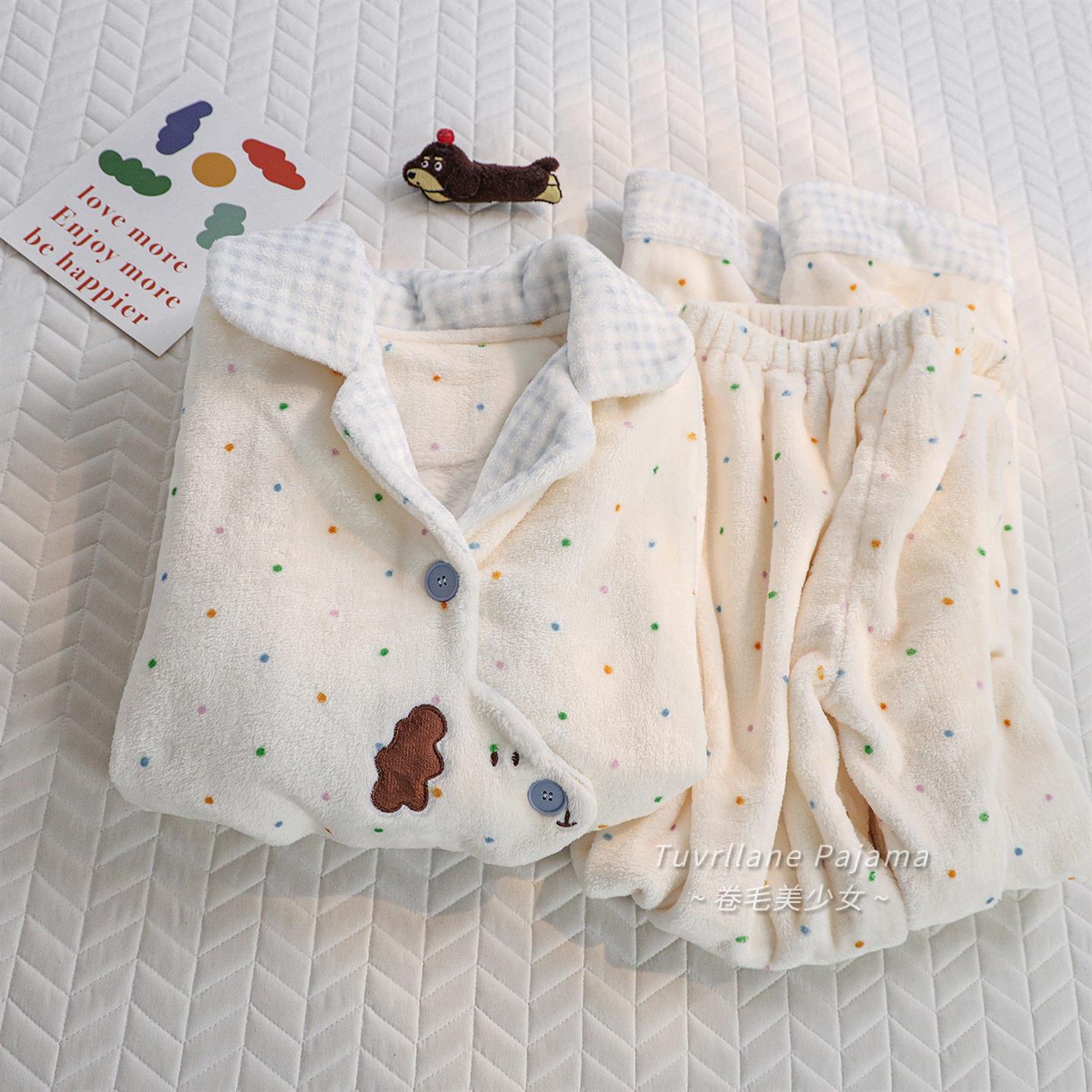 多巴胺波点法兰绒睡衣女2025秋冬季新款加绒加厚卡通珊瑚绒家居服