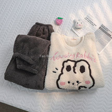 甜美奶萌小兔子珊瑚绒睡衣女冬季长袖加绒加厚可爱软妹家居服套装