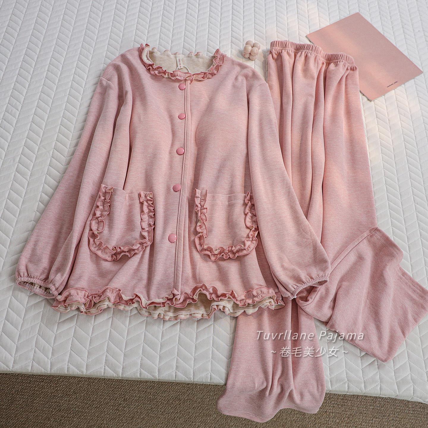 带胸垫甜美花边加厚德绒保暖长袖睡衣女2025秋冬季新款羊绒家居服