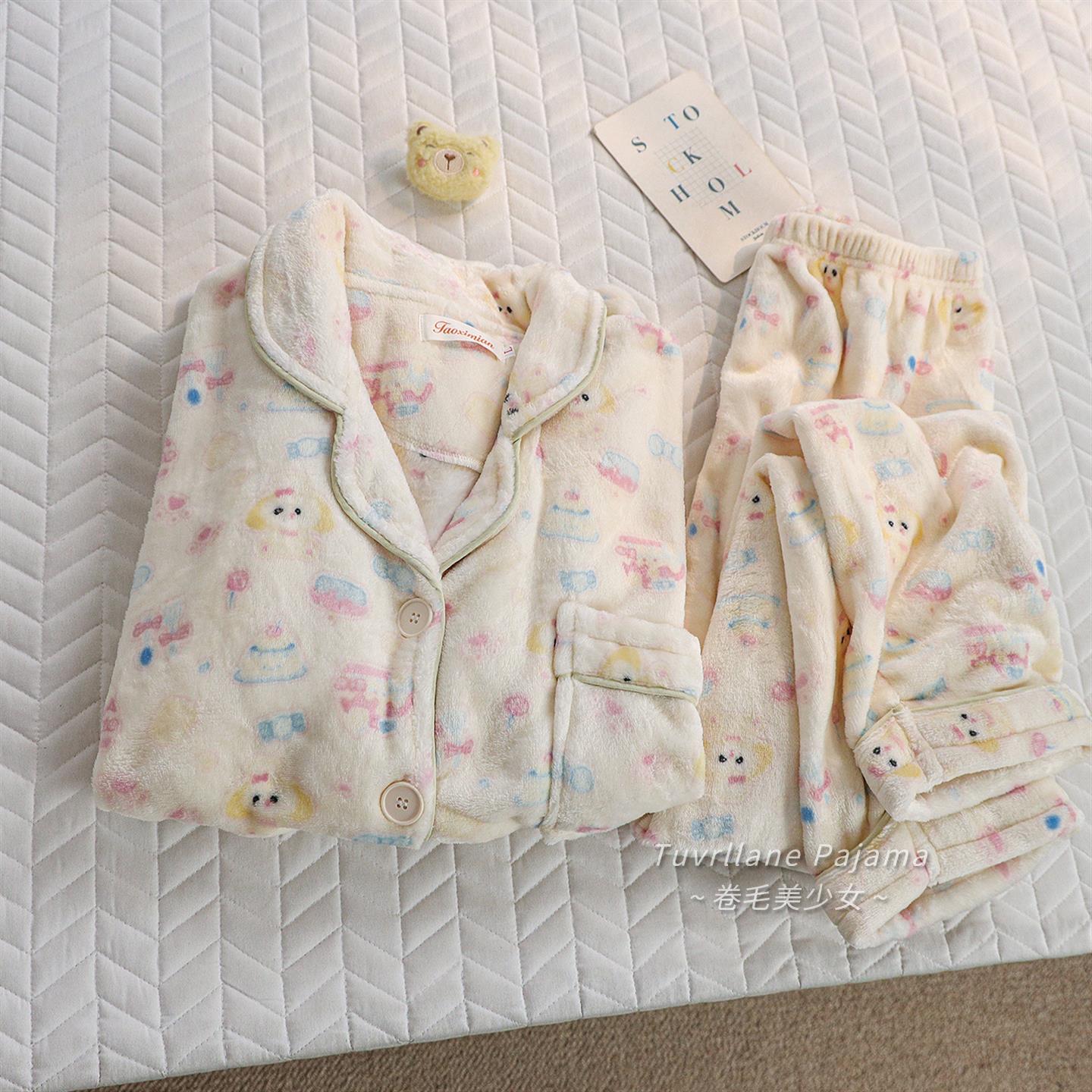 软fufu可爱卡通饼饼加绒加厚睡衣少女秋冬季新款珊瑚法兰绒家居服