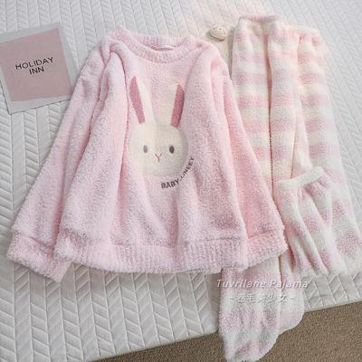 甜妹粉卡通兔子半边绒睡衣女2025秋冬季新款加绒加厚珊瑚绒家居服