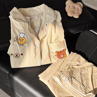 元气感奶黄格子卡通轻松小熊纯棉睡衣女2026春秋季长袖新款家居服