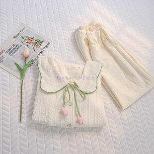 睡衣女家居服套装 小清新韩风甜美立体花朵公主风秋冬季 空气棉长袖