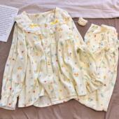 新款 小清新碎花云朵棉方领长袖 睡衣女2026春秋季 带胸垫甜美家居服