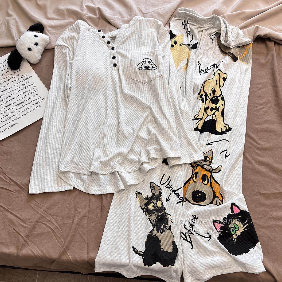 韩系慵懒风高级感长袖睡衣女春秋季新款带胸垫卡通小狗家居服套装,女士内衣/男士内衣/家居服,睡衣/家居服套装,淘宝优惠券,粉丝福利购,淘宝优惠卷