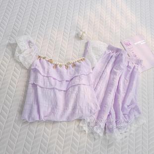 吊带睡衣女士套装 高级感香芋紫云朵棉夏季 带胸垫小个子花边家居服