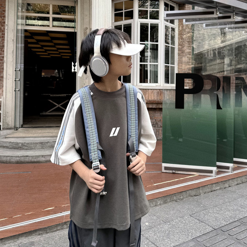 Bounce Up全棉短袖宽松少年感五分袖潮男撞色肩上警戒线logoT恤