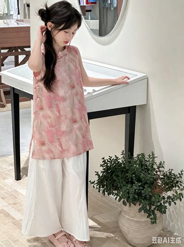 2026夏装新款女童粉色新中式盘扣旗袍背心上衣白色阔腿裤两件套