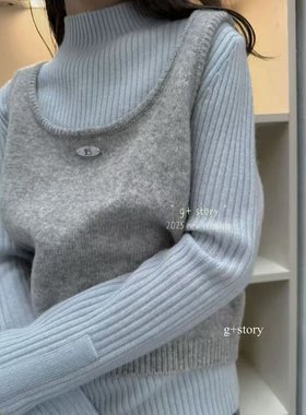 年货打底毛衣女童蓝绿色坑条半高领马甲两件套叠穿针织衫大童