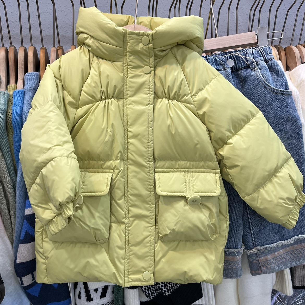 小童装女童黄绿色白鸭绒中长款连帽羽绒服韩版潮版白鸭绒小童