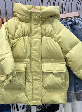 小童装女童黄绿色白鸭绒中长款连帽羽绒服韩版潮版白鸭绒小童
