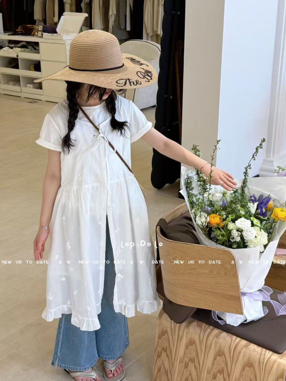 2026夏度假风女童白色短袖背心裙两件套中大童洋气套装牛仔喇叭裤