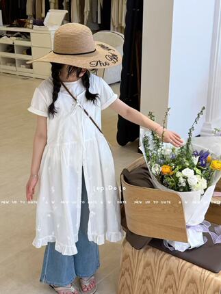 2026夏度假风女童白色短袖背心裙两件套中大童洋气套装牛仔喇叭裤