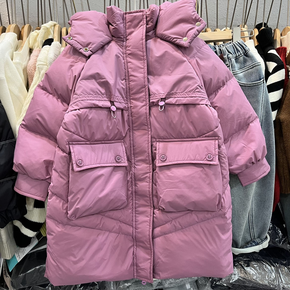 冬款童装女童粉色白鸭绒中长款连帽羽绒服韩版洋气面包服外套