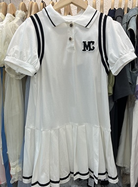 夏款童装女童白色翻领Polo泡泡短袖连衣裙中大童百褶裙韩货