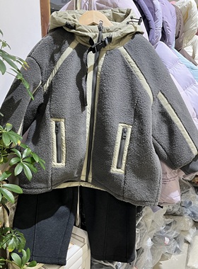 实体冬装新款男童女童灰色拼绿色羊羔毛连帽外套加厚加棉保暖外套