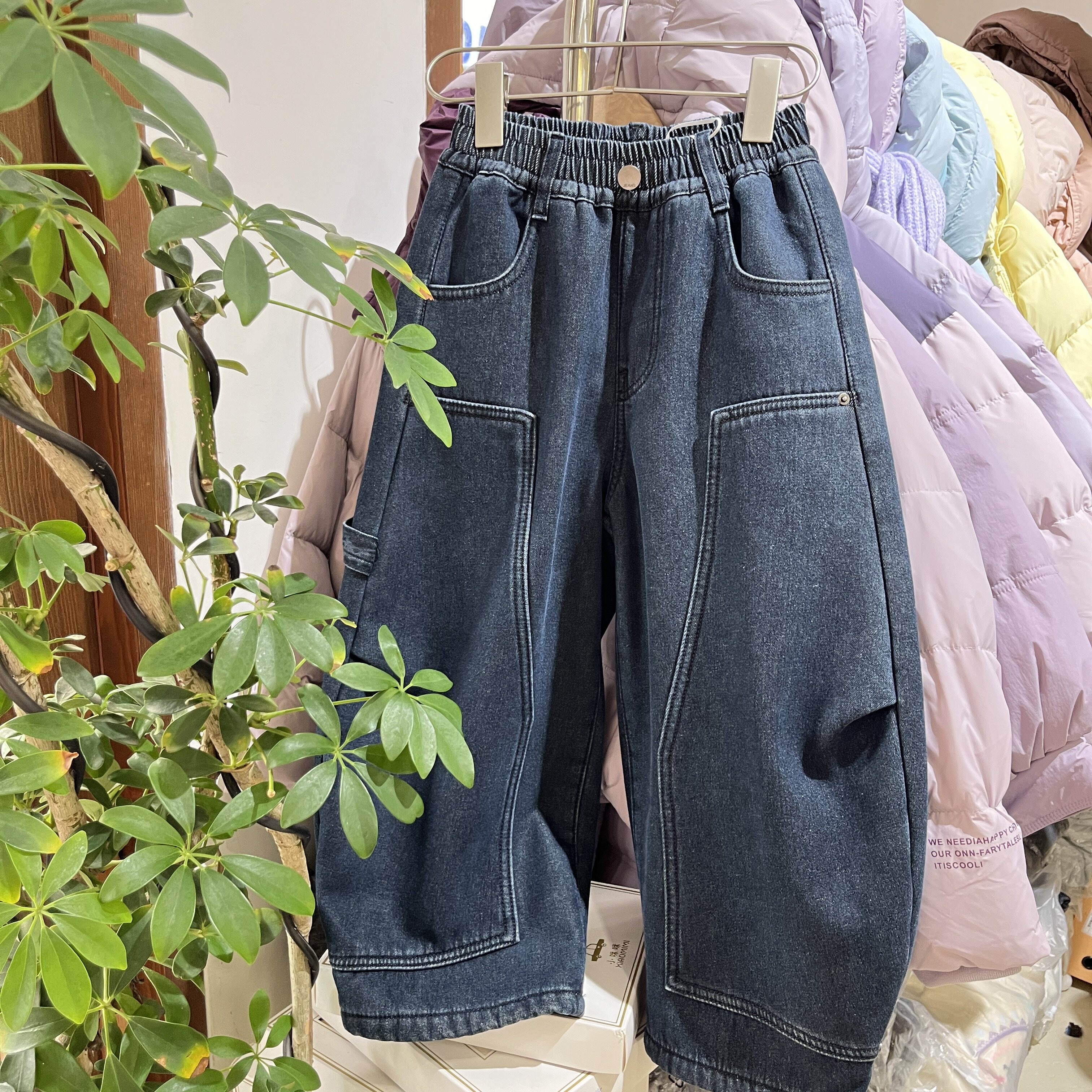 实体店韩货冬装新款男童女童深蓝色牛仔裤中大童潮版直筒裤牛仔裤
